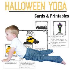 a baby laying on the ground with halloween yoga cards and printables