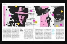 an article in the magazine is shown with images of people wearing hats and eyeballs