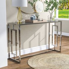 a modern console table in a living room