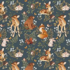 an animal themed wallpaper with deers and flowers