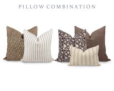 four pillows in different colors and sizes with the words pillow combination on top of them