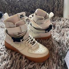 Cream Colored Sf Air Force 1 With Tan Sole Bottoms And Two Detachable Buckle Accessory Pieces. One Minor Small Stain Than Can Be Removed With The Correct Shoe Cleaner. Only Worn Twice. Shoe Cleaner, Clean Shoes, Air Force 1, Womens Shoes Sneakers, Cream Color, Air Force, Nike Shoes, Nike Women, Nike Air