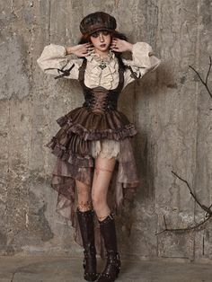 Brown Western Style Steampunk Asymmetrical PU Overall Dress with Detachable Train