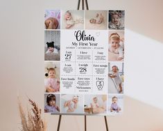 a baby's first year calendar is displayed on a easel