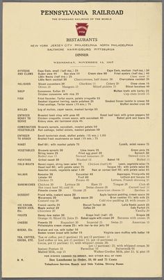 the menu for pennsylvania railroad restaurant