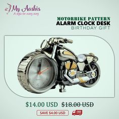 an advertisement for a motorcycle clock desk gift