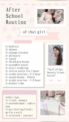 That Girl Study Routine, Get Ready For School Routine, After School Routine Aesthetic, Wonyoungism Aesthetic Pictures, Aesthetic Study Routine, Afterschool Routine, Online School Aesthetic, Wonyoungism Tips, Back To School Routine