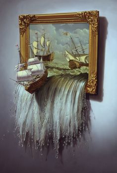 a painting hanging on the side of a wall next to a frame with a boat in it