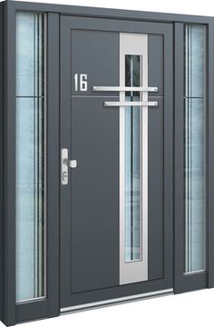 the front view of a modern steel door with glass panels and sidelights on an isolated white background