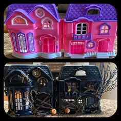 there are two pictures of the same toy house and one is pink with purple trim