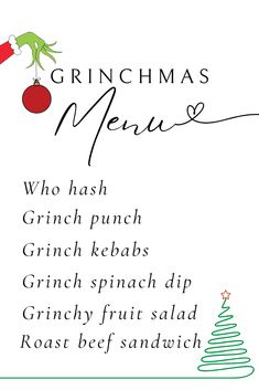 a christmas menu with an image of a santa's helper holding a red ornament