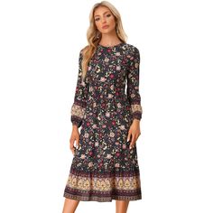 Completing the design is the elastic waist for highlighting your curves. The boho floral print adds a touch of whimsy and femininity, while the long length exudes an air of sophistication. The midi dress features an elastic waist that provides a flattering fit and accentuates your curves, while the side zipper ensures easy wearing. Wedding Concert, Black Long Sleeve Midi Dress, Long Sleeve Floral Maxi Dress, 115 Lbs, Fall Floral Dress, Wash Stand, Womens Fall Dress, Midi Dress Black, Travel Shopping