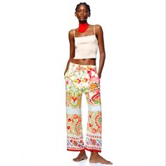 Zara Printed Palazzo Pants Super Cute And Trendy Printed Pants. Elastic Waist With Ties, Front And Back Pockets. New With Tags 64 Casual Summer Sleepwear Trousers, Casual Wide Leg Sleepwear For Spring, Casual Pink Wide Leg Sleepwear, Pink Pajamas With Pockets, Pink Ankle-length Wide Leg Pants For Vacation, Summer Loungewear Sleepwear Straight Pants, Summer Sleepwear Straight Pants For Loungewear, Summer Floral Print Lounge Pants, Floral Print Loungewear Pants For Summer