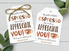 two tags with the words espresso and coffee on them