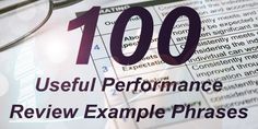 the words useful performance review example phrases in front of a close up image of glasses