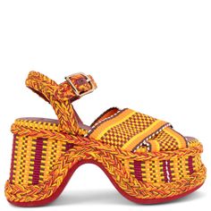 100% authentic Chloé Meril 110 platform sandals in orange and yellow cotton in a chunky platform structure with wavy lines. The design features a buckled ankle strap and criss-cross upper. Have been worn once and are in virtually new condition. Come with dust bag. As part of its commitment to creating a positive social impact, Chloé has partnered with Amambaih on the Meril line. Amambaih is a social enterprise whose mission is to offer income-generating employment opportunities to the Maka artis Chunky Braids, Red Platform, Shoes Yellow, Jaune Orange, Wavy Lines, Phoebe Philo, Shoe Inspo, Social Enterprise, Platform Sandals Heels