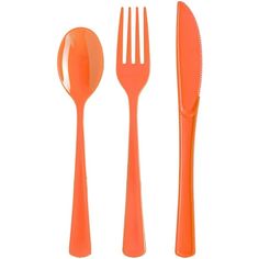 an orange plastic utensils and spoons on a white background