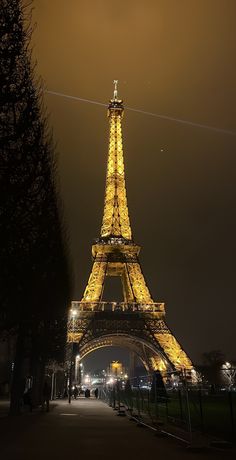 the eiffel tower lit up at night