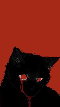 a black cat with red eyes and blood dripping from its mouth on a red background