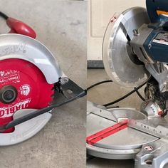 two pictures of a circular saw and an angle grinder on the same table top