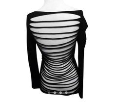 long sleeve black scoop neck  Tshirt with slashed sleeves & slashed back size small Cut Back Of Shirt, Diy Cut Shirts Step By Step, Long Sleeve Shirt Diy, Scoop Neck Tshirt, Cut Shirt Designs, Cutout Shirts, Ripped Shirts, Ripped Tshirt, Diy Cut Shirts