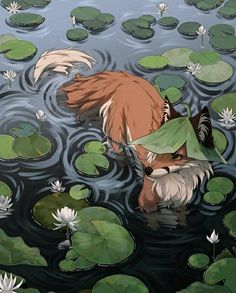 a painting of a fox in the water surrounded by lily pads