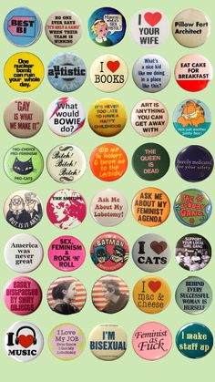 many different types of buttons on a green background with the words i love my books