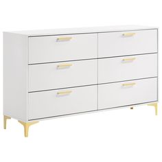 a white dresser with gold handles and drawers on the bottom, against a white background