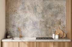 a kitchen counter top with a sink and wooden cabinets in front of a concrete wall