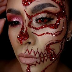 Rhinestone Halloween Makeup Looks, Bejeweled Halloween Makeup, Bedazzled Halloween Makeup, Bedazzled Skeleton Makeup, Bedazzled Skull Makeup, Halloween Makeup Looks With Gems, Halloween Red Makeup Ideas, Gem Halloween Makeup, Skull Gem Makeup