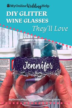 someone holding up a wine glass that says, diy glitter wine glasses they'll love