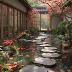 A stone path leading to a small tea house, bamboo fencing, and a koi pond. Chinese Tea House Interior, Chinese Interior Design Traditional, Tea House Interior, Zen Tea Room, Flower Kingdom, Teapot Ideas, Chinese Tea House, Indoor Garden Rooms, Bamboo Fencing