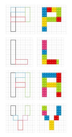 four different colored lego blocks arranged in the shape of letters e, f, and g