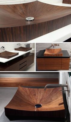 several pictures of different types of sinks and cabinets in the same room, one is made from wood