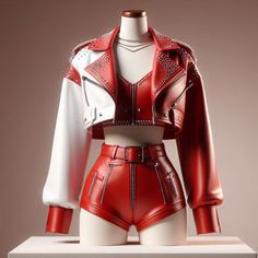 Red Stage Outfits Ideas, Red And White Stage Outfit, Leather Body Suit Outfit, Bodysuit Concert Outfits, Leather Stage Outfit, Kpop Red Outfit, Performance Outfit Red, Red Kpop Outfits, Leather Concert Outfit