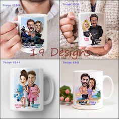 four different mugs with the same image on them