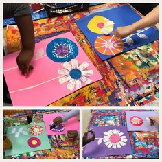 the process of making paper flowers is shown in four different pictures, including one being cut out