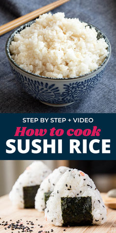 A bowl of sushi rice with wooden chopsticks, and a wooden board with three Japanese onigiri rice balls. Rice Cooker Recipes Easy, Cooked Sushi Rolls, Perfect Sushi Rice, Make Sushi Rice, Rice In A Rice Cooker, Cooked Sushi Recipes