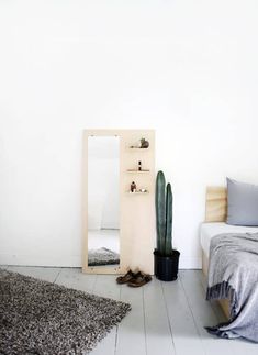 a bedroom with a bed, mirror and cacti on the floor in front of it