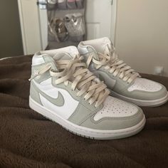 Never Worn Women’s Air Jordan’s Sage Green Shoes, Nike Shoes Jordan, Shoes Jordan 1, Green Jordans, Jordan Shoes For Women, Grey Jordans, Seafoam Color, Jordan 1s, Cute Nike Shoes