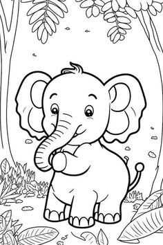 an elephant standing in the jungle with trees and leaves around it, coloring page for children