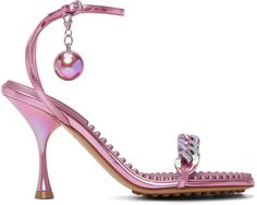 Nappa lambskin heeled sandals in pink. · Curb chain accent at vamp · Detachable spherical charm · Adjustable pin-buckle ankle strap · Logo-embossed textured rubber footbed · Covered stiletto heel · Leather sole with rubber injections · Heel: H3.5 in Supplier color: Azalea Betsey Johnson Heels, Bottega Veneta Sandals, Pink Sandals Heels, Dress Reference, Shoes Closet, Nice Sandals, Pink Dot, Fashion Moodboard, Chris Martin