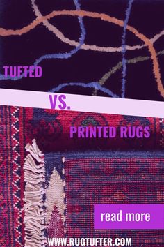 two rugs with different colors and patterns on them, one is purple and the other has