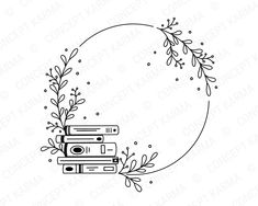 a black and white image of books with leaves around it, in the shape of a circle