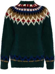 dark green/multicolour wool blend chunky knit geometric-pattern print extra-long sleeves crew neck frayed detailing City Shorts, Chunky Knit Sweater, Extra Long Sleeves, Chunky Knits Sweater, Summer Beach Wear, Green Sweater, Light Jacket, Jacket Style, Chunky Knit