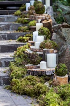 moss covered candles are lined up on the steps