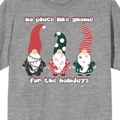 three gnomes with santa hats and the words no place like gnome for the holidays