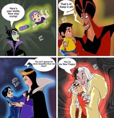 disney princesses are talking to each other in the same comic strip, and one is telling