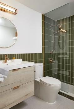 a white toilet sitting next to a walk in shower under a bathroom mirror above a sink