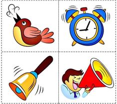 four pictures with different things in them including a clock, bird, and man shouting into a megaphone